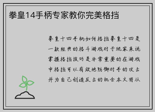 拳皇14手柄专家教你完美格挡